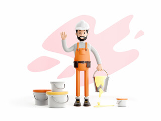 Wall Mural - builder painter plasterer cartoon character, funny worker or engineer with buckets of paint