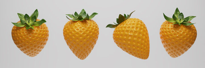 3D render yellow strawberries with green leaves isolated on white background. Set of yellow strawberry on white. Collection Side views berry strawberries. Clipping Path. 3D rendering.