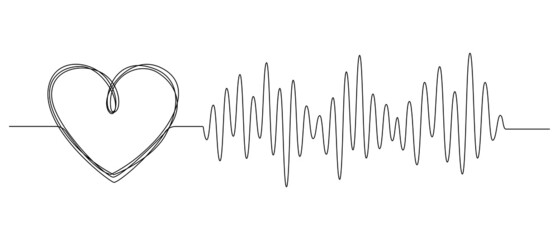 Fototapete - One continuous line drawing of doodle heart with pulse. Sound wave romantic symbol in simple linear style. Divider shape with Editable stroke. Heartbeat vector illustration