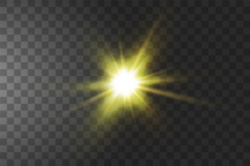 Wall Mural - Bright yellow shining sun Isolated on transparent background. Glow light effect. Vector illustration