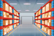 © NADEZHDA - Perspective view of warehouse with cardboard boxes on racks. Interior of storage room in store, factory, market, hardware store. Vector cartoon illustration.