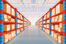 Perspective View Of Warehouse With Cardboard Boxes On Racks. Interior Of Storage Room In Store, Factory, Market, Hardware Store. Vector Cartoon Illustration.