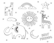Cute Hand Drawn Childish Illustration In Black And White. Kids Coloring Pages. Animal, Fairytale, Summer Characters For Kids And Baby. Elephant, Giraffe, Sun, Rainbow, Star, Clouds, Moon.