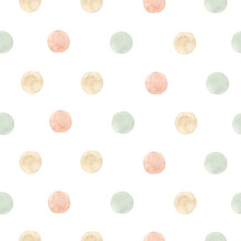 Watercolor Seamless Pattern With Pastel Color Dots. Isolated On White Background. Hand Drawn Clipart. Perfect For Card, Fabric, Tags, Invitation, Printing, Wrapping.