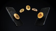 Mobile Phone With Bitcoins Coins, Blockchain Cyptocurrency Bitcoin Btc Send From Mobile Phone To Smartphone, Trading App Exchange, 3d Rendering.