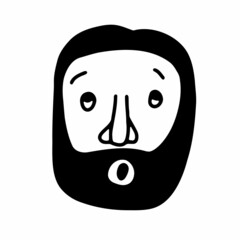 Doodle bearded face. Hand-drawn outline human in shock isolated on white background. Funny Avatar. Cartoon surprised man. Male cute portrait. Hairstyle, mustaches, beard, brow. Vector illustration