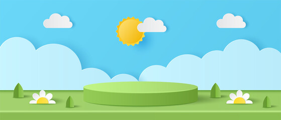 Canvas Print - Paper cut of Summer season on green nature landscape, sun and clouds on blue sky background with green cylinder podium for your products display presentation