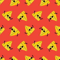 Wall Mural - Cool smiling cartoon style samosa characters wearing sunglasses vector seamless pattern background for food design.