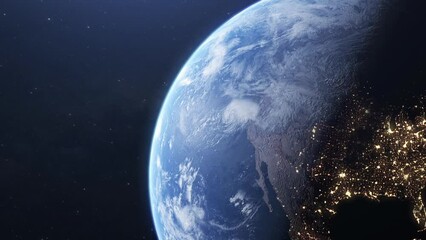 Wall Mural - 
Cinematic 4k view of half the globe taken from space. Transition from day to night on planet earth, 3d space landscape background