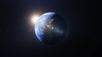 cinematic simulation in 3d of approaching the planet earth, abandoning the speed of light until obse