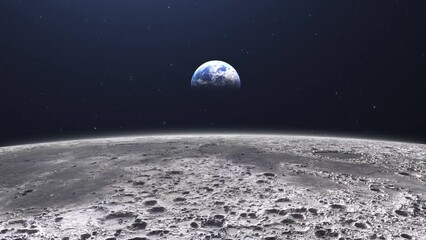 cinematic planet earth view from the moon surface. starry space in the background. travel across the