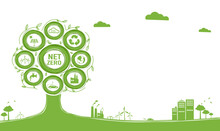 Net Zero And Carbon Neutral Concept. Net Zero Greenhouse Gas Emissions Target. Climate Neutral Long Term Strategy With Green Net Zero Icon And Green Icon On Green Circles Doodle Background.