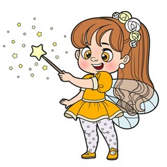 Sticker - Cute cartoon little fairy conjures with a magic wand color variation for coloring page isolated on a white background