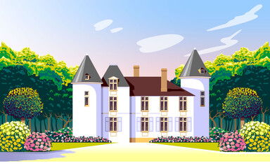 Wall Mural - Medieval romantic old mansion with garden, flowering beds and trees. Handmade drawing vector illustration.