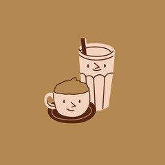 Sticker - Cappuccino coffee cup, glass with straw. Funny faces. Logo, icon, coffee shop, menu design template. Cute cartoon style characters. Hand drawn modern isolated Vector illustration