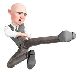 Canvas Print - bald businessman cartoon is jumping in kung fu style