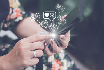 Wall Mural - Social media technology concept, man hand using smartphone Login to the online network Use social media to do business and marketing payment from home through the Internet.