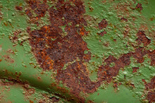 Rusty Wire, John Deere Green Patina With Metal Gears And Close Up Macro Of Rusty Steel Bolts And Paint