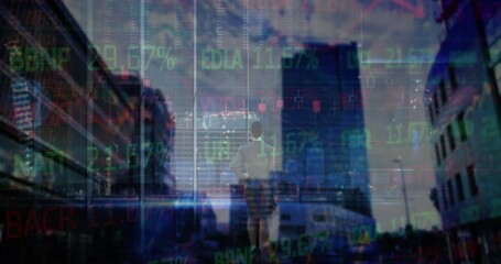 Poster - Animation of data processing over caucasian businesswoman and cityscape