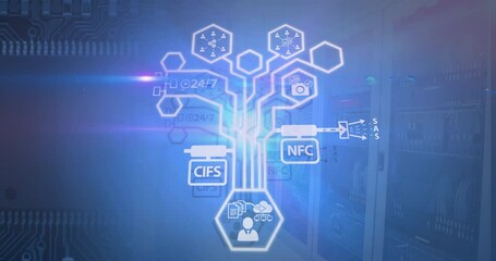 Poster - Network of digital icons against microprocessor connections and computer server room