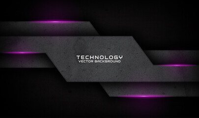 3D black techno abstract background overlap layer on dark space with purple light effect decoration. Graphic design element dirty style concept for banner flyer, card, brochure cover, or landing page