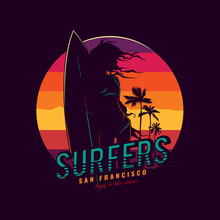 Original Vector Illustration In Vintage Style. A Girl With A Surfboard On The Background Of A Retro Sunset, Mountains And Palm Trees. T-shirt Design
