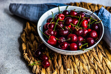 Close-Up Of A Bowl Of Organic Cherries