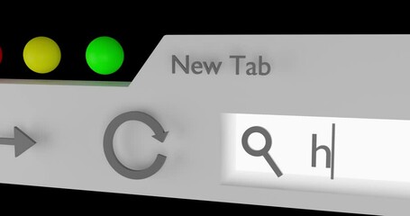 Animation of a web browser doing a search on the internet, typing a url in the search engine.