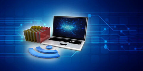 Poster - 3d rendering Folder connected to computer network with wifi
