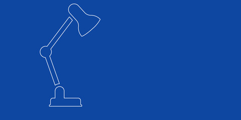 Poster - A large white outline table lamp symbol on the left. Designed as thin white lines. Vector illustration on blue background