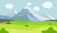 Mountain Landscape Vector Illustration. Cartoon Flat Of Spring Summer Beautiful Nature, Green Grasslands Meadow  And Mountains On Horizon Background .