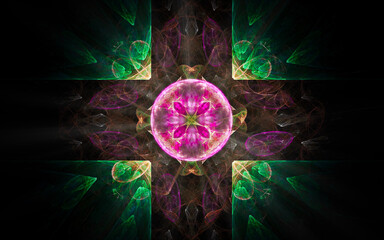 Leinwandbilder - abstract illustration of a computer generated fantastic flower of various shapes and shades on a black background for use in symbology, signs for digital design and graphics