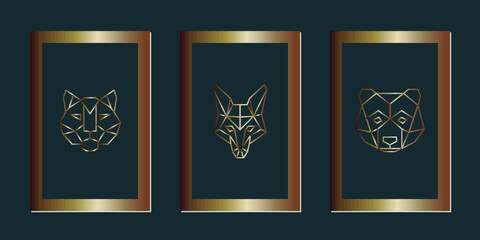 Wall Mural - Set of modern posters in gold frames with abstract polygonal animal heads on black background. Linear geometric cat fox and bear. Luxory art design.  Vector illustration. 