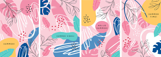 Wall Mural - Poster set with colorful abstract tropical leaves, doodles and dots. Stylish design for background, wallpaper, cover, clothing, packaging, fabric. Summer design. On a pink background. Modern design.