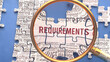 © GoodIdeas - Requirements as a complex and multipart topic under close inspection. Complexity shown as matching puzzle pieces defining dozens of vital ideas and concepts about Requirements,3d illustration
