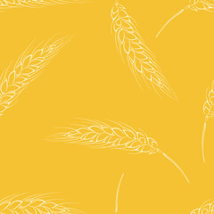 Wall Mural - Ears of wheat on yellow background. Botanical seamless pattern. Vector outline illustration.