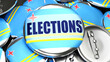 Aruba and Elections - dozens of pinback buttons with a flag of Aruba and a word Elections. 3d render symbolizing upcoming Elections in this country.,3d illustration