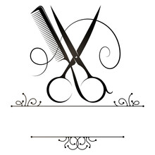 Design For Hair Stylist And Beauty Salon. Scissors Cut A Lock Of Hair. Scissors And Comb Symbol For Hair Salon