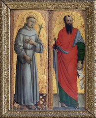 Wall Mural - MATERA, ITALY - MARCH 7, 2022: The renaissance painting of Saint Paul the Apostle and St. Francis of Assisi in the church Chiesa di San Francesco Assisi from by Lazzaro Bastiani from 15. cent.