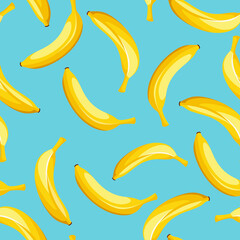 Wall Mural - Seamless pattern with yellow bananas on a blue background. Vector illustration