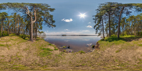 Wall Mural - full seamless hdri 360 panorama view on bank of wide river neman near forest in equirectangular spherical projection as background for vr content
