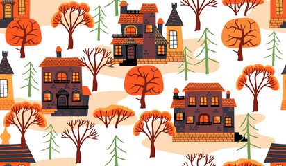 Autumn seamless repeat pattern with houses and trees.Landscape colorful background and texture for printing on fabric and paper.Vector hand drawn isolated illustration for design card,cover.