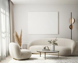 Poster - mock up poster frame in modern interior background, living room, Scandinavian style, 3D render, 3D illustration