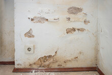 Wall With Water Damage, Efflorescence On The Plaster Due To Rising Damp