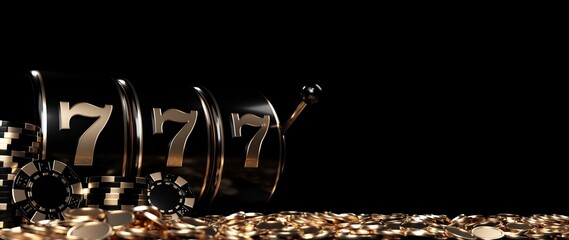 Slot Machine, Casino Chips And Coins, Modern Black And Golden Isolated On The Empty Space Black Background - 3D Illustration