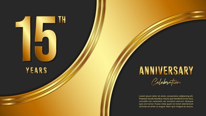 15th anniversary logo with gold color for booklets, leaflets, magazines, brochure posters, banners, web, invitations or greeting cards. Vector illustration.