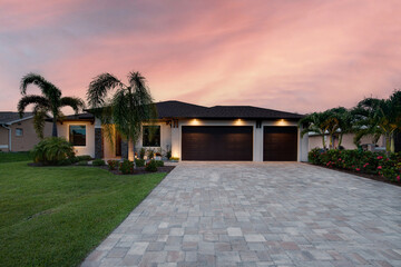 Home at dusk with palm trees under a vibrant sky