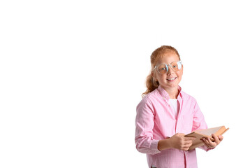 Poster - Little redhead girl in eyeglasses with book on white background