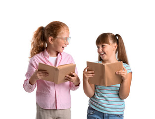 Poster - Little girls with books on white background