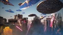 Attack Of Flying Alien Ufo Saucers On The City 3d Render 